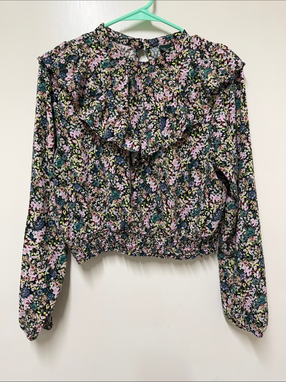 wild fable Floral Ruffle Long-Sleeve Crop Top - Pink, Green & Black